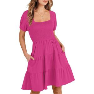 image:imageANRABESS Womens 2026 Summer Casual Dress Square Neck Puff Sleeve Boho Beach Vacation Short DressHot Pink