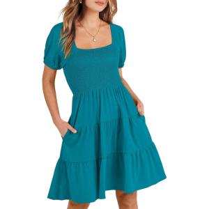 image:imageANRABESS Womens 2026 Summer Casual Dress Square Neck Puff Sleeve Boho Beach Vacation Short DressLake Green Teal