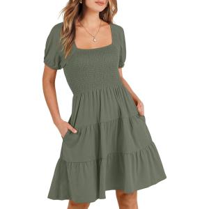image:imageANRABESS Womens 2026 Summer Casual Dress Square Neck Puff Sleeve Boho Beach Vacation Short DressOlive Green