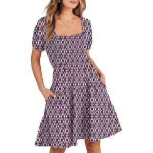 image:imageANRABESS Womens 2026 Summer Casual Dress Square Neck Puff Sleeve Boho Beach Vacation Short DressOrange Diamond