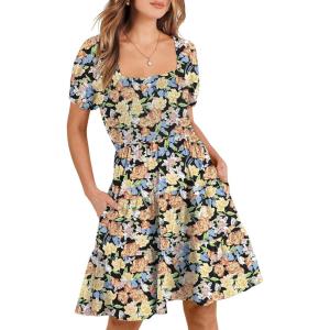 image:imageANRABESS Womens 2026 Summer Casual Dress Square Neck Puff Sleeve Boho Beach Vacation Short DressOrange Floral