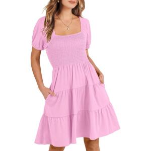 image:imageANRABESS Womens 2026 Summer Casual Dress Square Neck Puff Sleeve Boho Beach Vacation Short DressPink