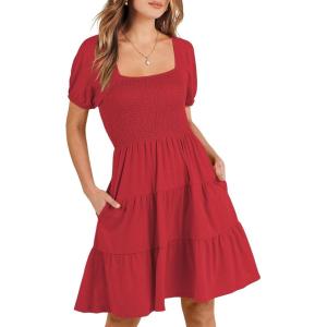 image:imageANRABESS Womens 2026 Summer Casual Dress Square Neck Puff Sleeve Boho Beach Vacation Short DressRed