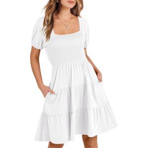 image:imageANRABESS Womens 2026 Summer Casual Dress Square Neck Puff Sleeve Boho Beach Vacation Short DressWhite