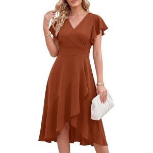 image:imageANRABESS Womens Cocktail Dress Semi Formal Wedding Guest Wrap Midi Dresses Summer Western A Line High Low Ruffled DressBurnt Orange