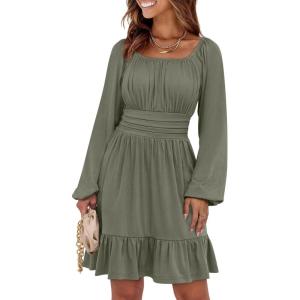 image:imageANRABESS Womens Dress Long Lantern Sleeve Square Neck Elastic Waist Ruffle Flowy Swing ALine Short Dresses 2025 Fall FashionArmy Green