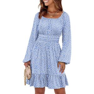 image:imageANRABESS Womens Dress Long Lantern Sleeve Square Neck Elastic Waist Ruffle Flowy Swing ALine Short Dresses 2025 Fall FashionBlue White Floral