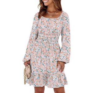 image:imageANRABESS Womens Dress Long Lantern Sleeve Square Neck Elastic Waist Ruffle Flowy Swing ALine Short Dresses 2025 Fall FashionCoral Floral