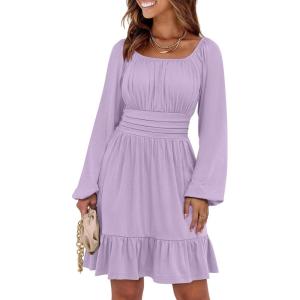 image:imageANRABESS Womens Dress Long Lantern Sleeve Square Neck Elastic Waist Ruffle Flowy Swing ALine Short Dresses 2025 Fall FashionLight Purple