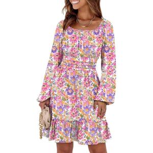 image:imageANRABESS Womens Dress Long Lantern Sleeve Square Neck Elastic Waist Ruffle Flowy Swing ALine Short Dresses 2025 Fall FashionMulticolor Floral