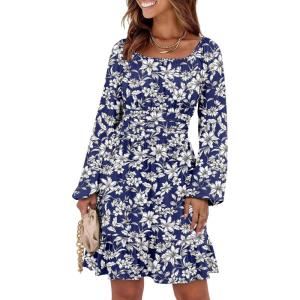 image:imageANRABESS Womens Dress Long Lantern Sleeve Square Neck Elastic Waist Ruffle Flowy Swing ALine Short Dresses 2025 Fall FashionNavy White Floral