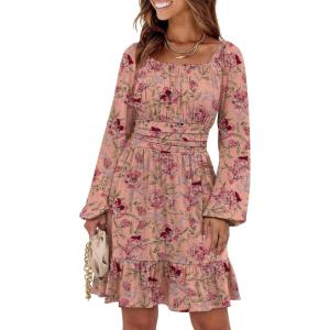 image:imageANRABESS Womens Dress Long Lantern Sleeve Square Neck Elastic Waist Ruffle Flowy Swing ALine Short Dresses 2025 Fall FashionPrint Rose Pink