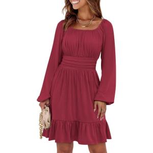 image:imageANRABESS Womens Dress Long Lantern Sleeve Square Neck Elastic Waist Ruffle Flowy Swing ALine Short Dresses 2025 Fall FashionRed