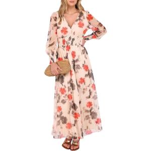 image:imageANRABESS Womens Floral Maxi Dress 2025 Fall V Neck Puff Long Sleeve Flowy Casual Wedding Guest Tea Party Tulle DressesBlack Red Flower