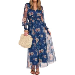 image:imageANRABESS Womens Floral Maxi Dress 2025 Fall V Neck Puff Long Sleeve Flowy Casual Wedding Guest Tea Party Tulle DressesBlue Golden Flower