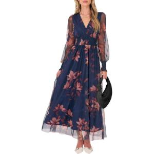 image:imageANRABESS Womens Floral Maxi Dress 2025 Fall V Neck Puff Long Sleeve Flowy Casual Wedding Guest Tea Party Tulle DressesBrown Floral Dark Blue