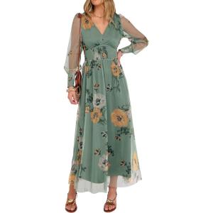 image:imageANRABESS Womens Floral Maxi Dress 2025 Fall V Neck Puff Long Sleeve Flowy Casual Wedding Guest Tea Party Tulle DressesDusty Olive Floral