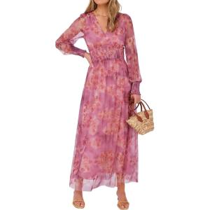 image:imageANRABESS Womens Floral Maxi Dress 2025 Fall V Neck Puff Long Sleeve Flowy Casual Wedding Guest Tea Party Tulle DressesDusty Orchid Floral