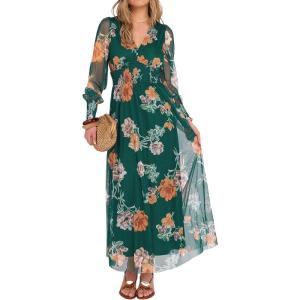 image:imageANRABESS Womens Floral Maxi Dress 2025 Fall V Neck Puff Long Sleeve Flowy Casual Wedding Guest Tea Party Tulle DressesEmerald Green Floral