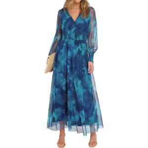 image:imageANRABESS Womens Floral Maxi Dress 2025 Fall V Neck Puff Long Sleeve Flowy Casual Wedding Guest Tea Party Tulle DressesFloral Green