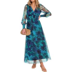 image:imageANRABESS Womens Floral Maxi Dress 2025 Fall V Neck Puff Long Sleeve Flowy Casual Wedding Guest Tea Party Tulle DressesFloral Lake Blue