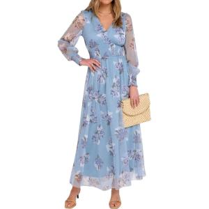 image:imageANRABESS Womens Floral Maxi Dress 2025 Fall V Neck Puff Long Sleeve Flowy Casual Wedding Guest Tea Party Tulle DressesLight Blue Floral