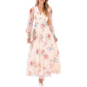 image:imageANRABESS Womens Floral Maxi Dress 2025 Fall V Neck Puff Long Sleeve Flowy Casual Wedding Guest Tea Party Tulle DressesMulticolored Rose Apricot