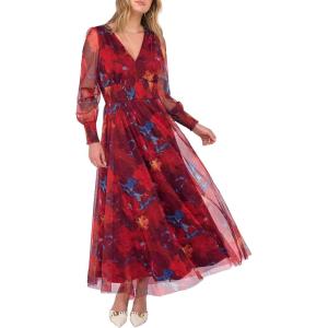 image:imageANRABESS Womens Floral Maxi Dress 2025 Fall V Neck Puff Long Sleeve Flowy Casual Wedding Guest Tea Party Tulle DressesNavy Red Floral