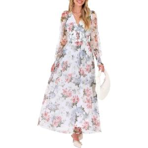 image:imageANRABESS Womens Floral Maxi Dress 2025 Fall V Neck Puff Long Sleeve Flowy Casual Wedding Guest Tea Party Tulle DressesPink Peony White