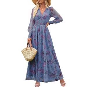 image:imageANRABESS Womens Floral Maxi Dress 2025 Fall V Neck Puff Long Sleeve Flowy Casual Wedding Guest Tea Party Tulle DressesPurple Floral Blue