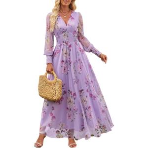 image:imageANRABESS Womens Floral Maxi Dress 2025 Fall V Neck Puff Long Sleeve Flowy Casual Wedding Guest Tea Party Tulle DressesPurple Rose