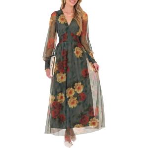 image:imageANRABESS Womens Floral Maxi Dress 2025 Fall V Neck Puff Long Sleeve Flowy Casual Wedding Guest Tea Party Tulle DressesRed and Yellow Rose