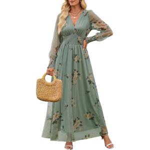 image:imageANRABESS Womens Floral Maxi Dress 2025 Fall V Neck Puff Long Sleeve Flowy Casual Wedding Guest Tea Party Tulle DressesYellow Floral Green