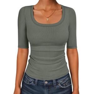 image:imageANRABESS Womens Half Sleeve Tops Scoop Neck Ribbed Knit Slim Fitted Basic Tee Shirts Summer 2026 Trendy Spring Casual ClothesArmy Green