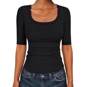 image:imageANRABESS Womens Half Sleeve Tops Scoop Neck Ribbed Knit Slim Fitted Basic Tee Shirts Summer 2026 Trendy Spring Casual ClothesBlack