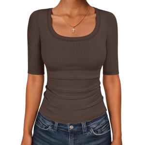 image:imageANRABESS Womens Half Sleeve Tops Scoop Neck Ribbed Knit Slim Fitted Basic Tee Shirts Summer 2026 Trendy Spring Casual ClothesCoffee