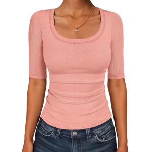 image:imageANRABESS Womens Half Sleeve Tops Scoop Neck Ribbed Knit Slim Fitted Basic Tee Shirts Summer 2026 Trendy Spring Casual ClothesCoral