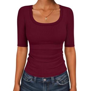 image:imageANRABESS Womens Half Sleeve Tops Scoop Neck Ribbed Knit Slim Fitted Basic Tee Shirts Summer 2026 Trendy Spring Casual ClothesDeep Red