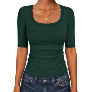 image:imageANRABESS Womens Half Sleeve Tops Scoop Neck Ribbed Knit Slim Fitted Basic Tee Shirts Summer 2026 Trendy Spring Casual ClothesForest Green