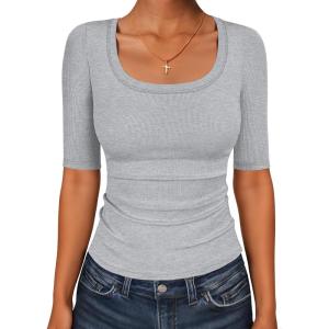 image:imageANRABESS Womens Half Sleeve Tops Scoop Neck Ribbed Knit Slim Fitted Basic Tee Shirts Summer 2026 Trendy Spring Casual ClothesGrey
