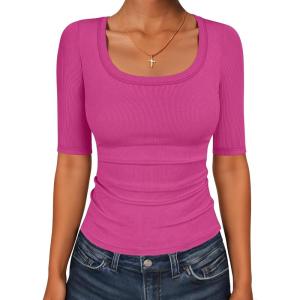 image:imageANRABESS Womens Half Sleeve Tops Scoop Neck Ribbed Knit Slim Fitted Basic Tee Shirts Summer 2026 Trendy Spring Casual ClothesHot Pink