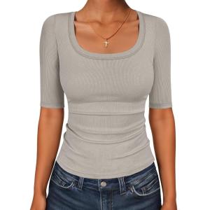 image:imageANRABESS Womens Half Sleeve Tops Scoop Neck Ribbed Knit Slim Fitted Basic Tee Shirts Summer 2026 Trendy Spring Casual ClothesKhaki