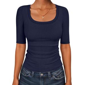 image:imageANRABESS Womens Half Sleeve Tops Scoop Neck Ribbed Knit Slim Fitted Basic Tee Shirts Summer 2026 Trendy Spring Casual ClothesNavy Blue