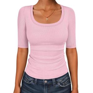 image:imageANRABESS Womens Half Sleeve Tops Scoop Neck Ribbed Knit Slim Fitted Basic Tee Shirts Summer 2026 Trendy Spring Casual ClothesPink