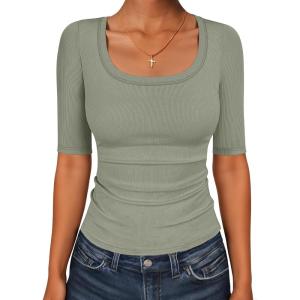 image:imageANRABESS Womens Half Sleeve Tops Scoop Neck Ribbed Knit Slim Fitted Basic Tee Shirts Summer 2026 Trendy Spring Casual ClothesSage Green