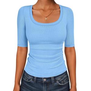 image:imageANRABESS Womens Half Sleeve Tops Scoop Neck Ribbed Knit Slim Fitted Basic Tee Shirts Summer 2026 Trendy Spring Casual ClothesSky Blue
