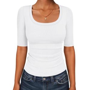 image:imageANRABESS Womens Half Sleeve Tops Scoop Neck Ribbed Knit Slim Fitted Basic Tee Shirts Summer 2026 Trendy Spring Casual ClothesWhite