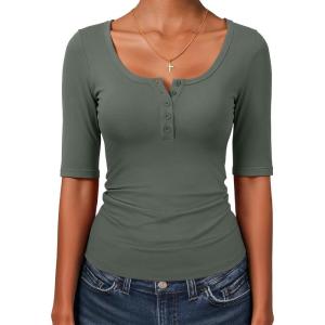 image:imageANRABESS Womens Half Sleeve Tops Summer Slim Fitted Henley Shirts 2026 Spring Basic Tees Dressy Casual Blouses Cute T ShirtArmy Green