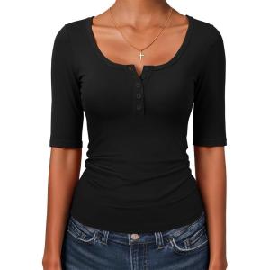 image:imageANRABESS Womens Half Sleeve Tops Summer Slim Fitted Henley Shirts 2026 Spring Basic Tees Dressy Casual Blouses Cute T ShirtBlack