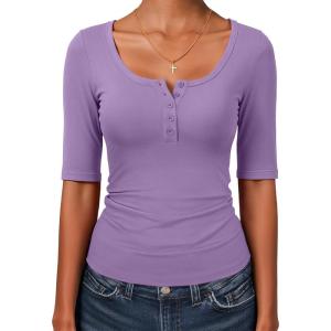 image:imageANRABESS Womens Half Sleeve Tops Summer Slim Fitted Henley Shirts 2026 Spring Basic Tees Dressy Casual Blouses Cute T ShirtBright Purple